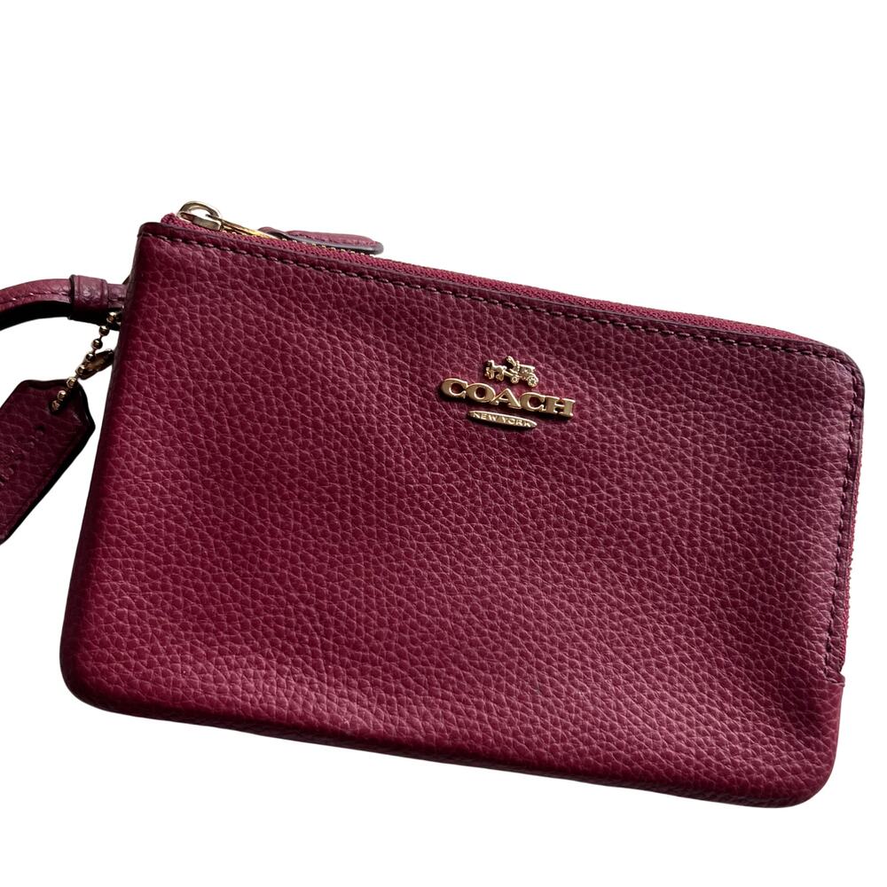 Coach Double Zip Pebbled Leather‎ Wristlet Rouge Burgundy Wine Red Wallet NWOT